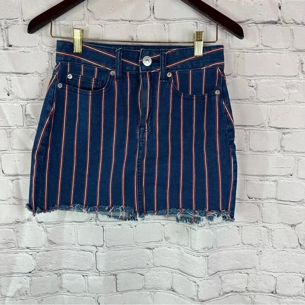 american eagle super stretch hi-rise mini denim jean skirt sz 0 raw edge boho
